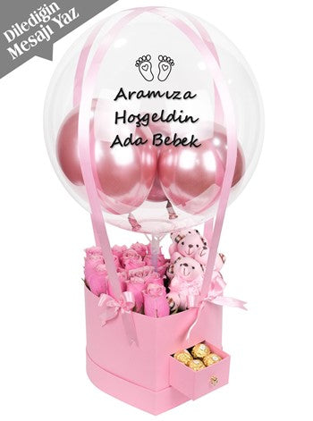 Pembe Kalp Çekmeceli Kutuda Pembe Güller Çikolata Balon Kutusu