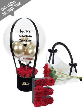 Kişiye Özel Harf Şeffaf Çanta Güller ve Balon Kutusu