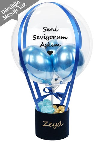 Mavi Kalıcı Güllü ve Çikolata Balon Kutusu