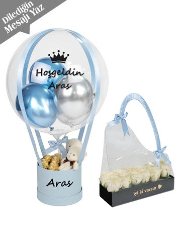 Açık Mavi Balon Kutusu ve Beyaz Gül Set