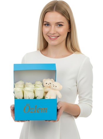 Blue Box White Rose and Teddy Bear
