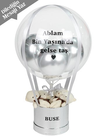 Gümüş Balon Kutusu Kişiye Özel Ayıcıklı