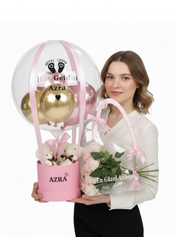 Pembe Gold Balon Kutusu Kalıcı Gül Seti