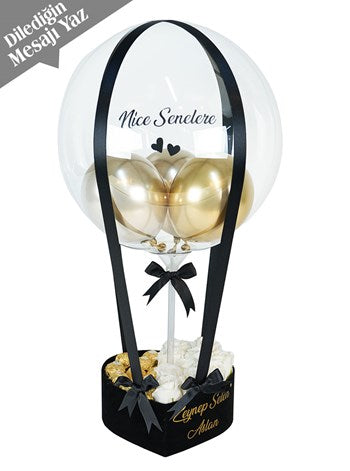 Siyah Kalp Balon Kutusu Kişiye Özel Çikolatalı