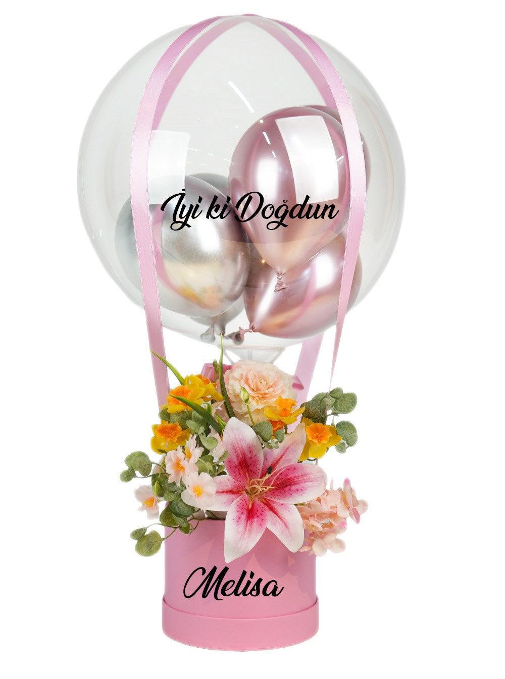 Lilyum ve Nergis Yapay Çiçekli Premium Kişiye Özel Balon Kutusu