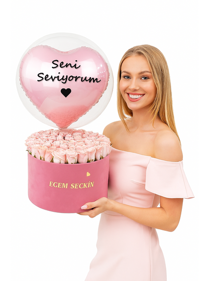 Kadife Dev Kutuda Pembe İthal Güller Balon Kutusu