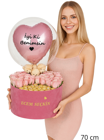 Pembe Konsept Kutu Gül Çikolata ve Balon Kutusu
