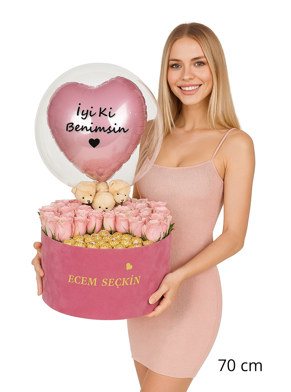 Pembe Konsept Kutu Gül Çikolata ve Balon Kutusu