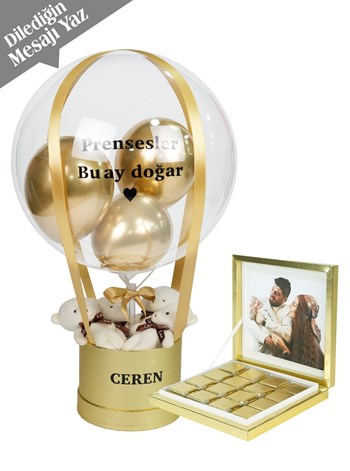 Gold Balon Kutusu ve Fotoğraflı Madlen Çikolata Seti