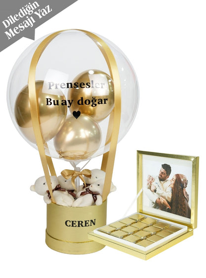 Gold Balon Kutusu ve Fotoğraflı Madlen Çikolata Seti