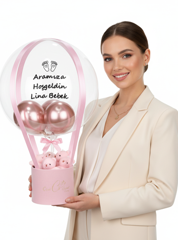 Yenidoğan Ayıcıklı Bebek Hediyesi Balon Kutusu Pembe