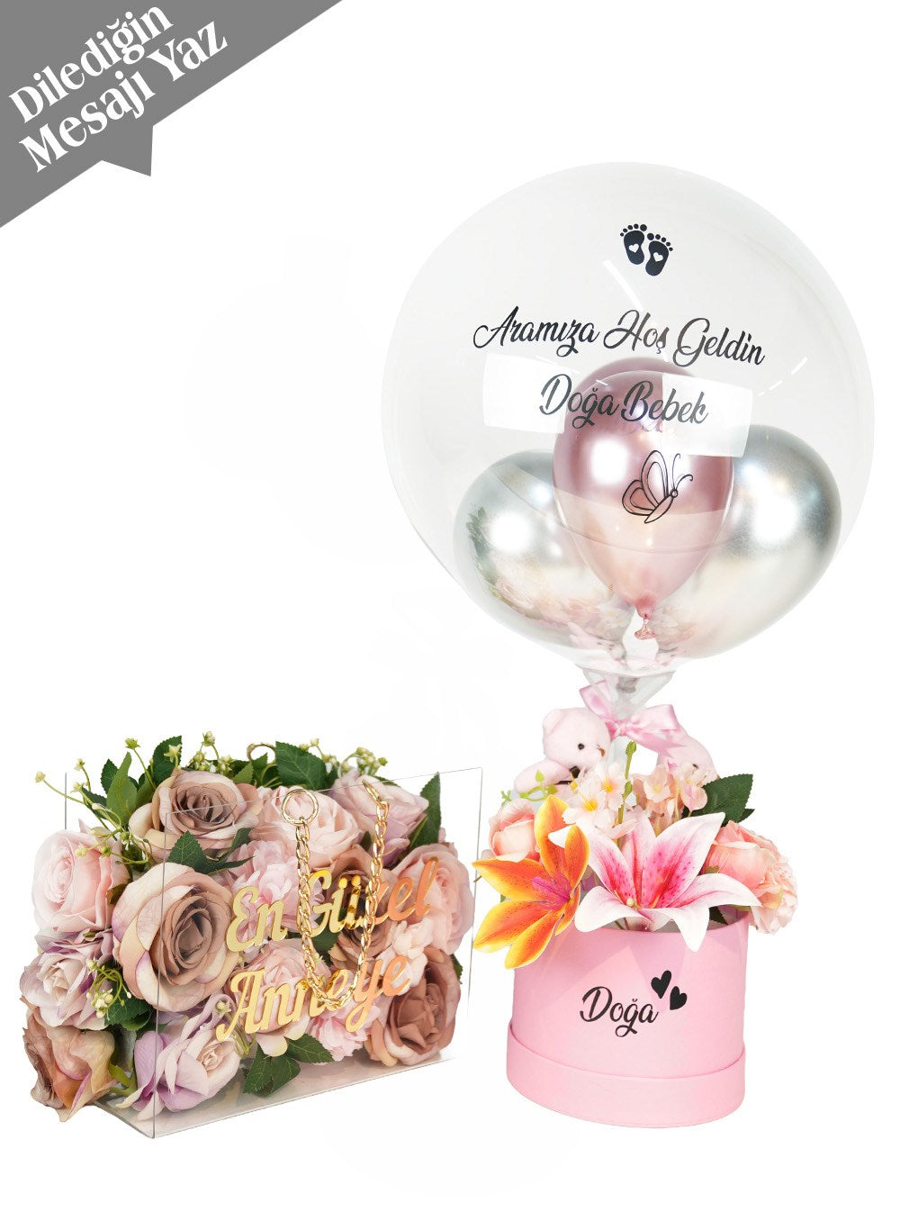 Kişiye Özel Yapay Çiçekli Balon Kutusu Set Vip