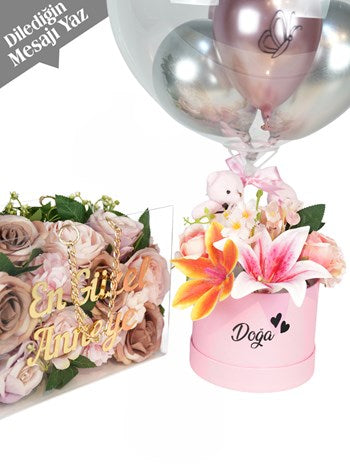 Kişiye Özel Yapay Çiçekli Balon Kutusu Set Vip