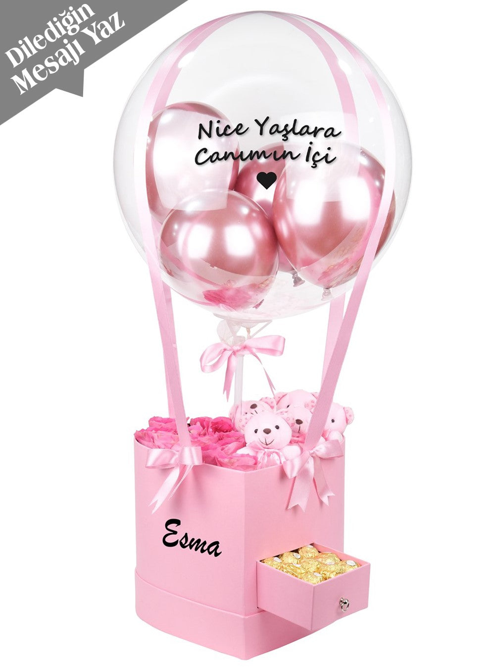 Pembe Kalp Çekmeceli Balon Kutusu