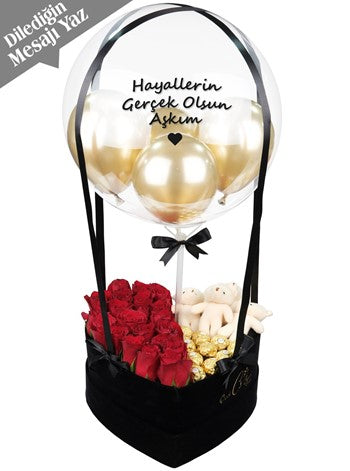 Vip Balon Kutusu Ayıcık Kırmızı Güller Çikolata Kişiye Özel