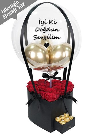 Kalp Çekmeceli Kutuda İthal Güller ve Çikolata Balon Kutusu