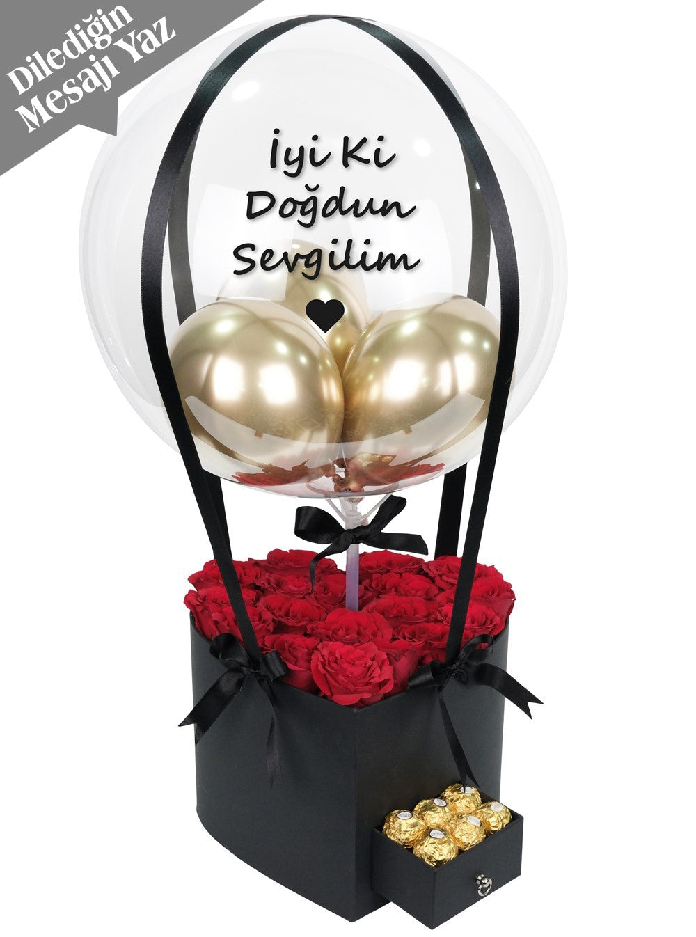 Kalp Çekmeceli Kutuda İthal Güller ve Çikolata Balon Kutusu
