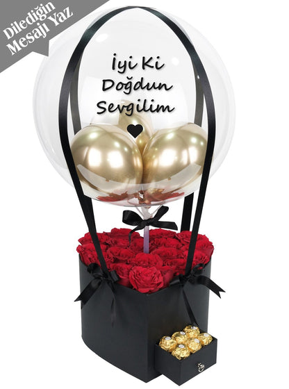 Kalp Çekmeceli Kutuda İthal Güller ve Çikolata Balon Kutusu