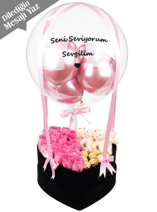 Vip Balon Kutusu Güller Ayıcık ve Çikolata Kişiye Özel