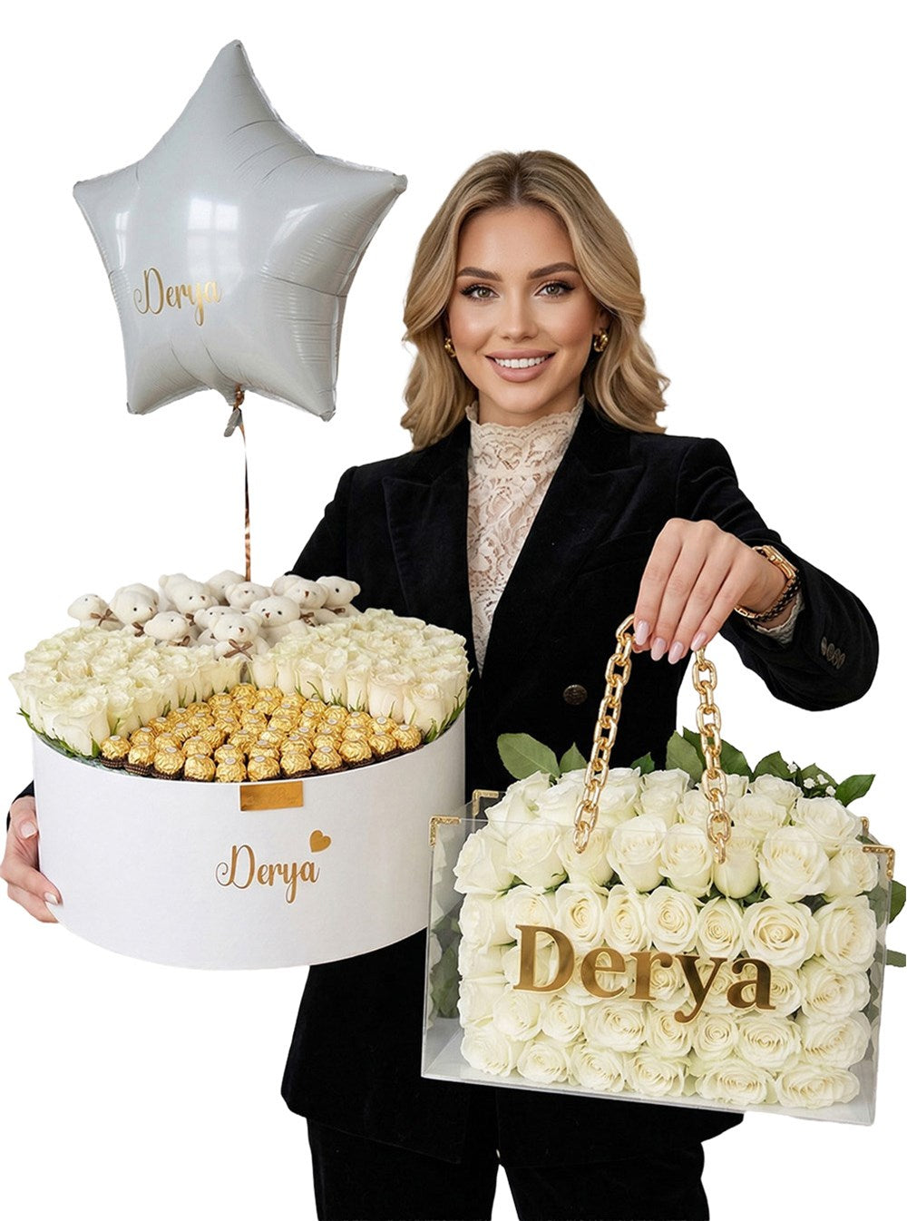 Dev Beyaz Kutu Gül ve Zincirli Çanta Set Premium
