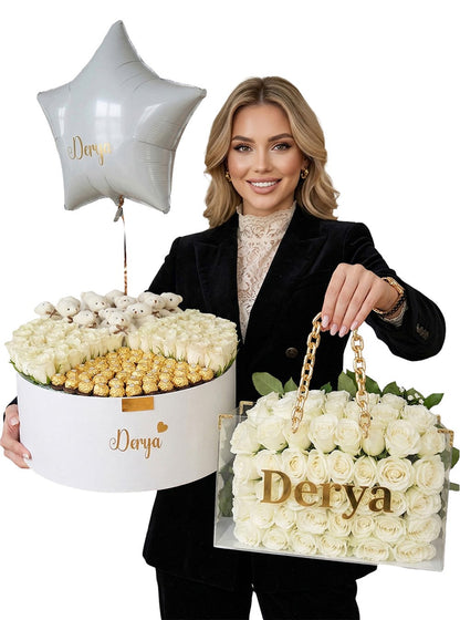 Dev Beyaz Kutu Gül ve Zincirli Çanta Set Premium