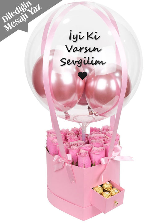 Kalp Çekmeceli Kutuda İthal Pembe Güller Balon Kutusu