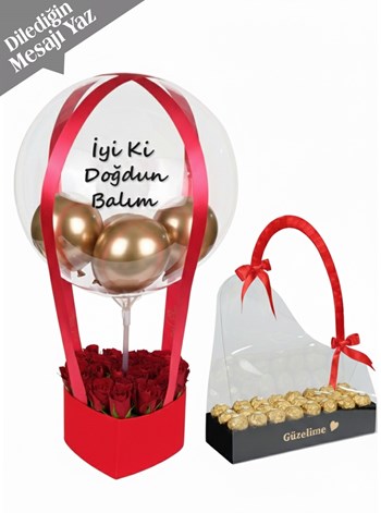 Kırmızı Kalp Balon Kutusu ve Rocher Çikolata Set