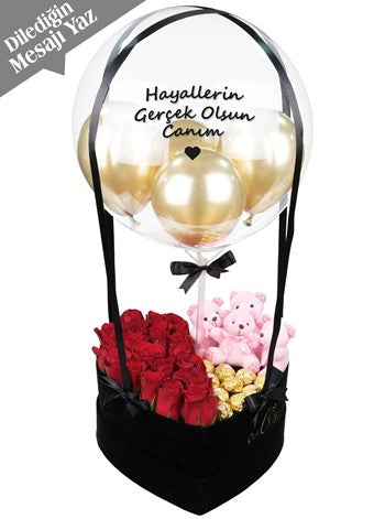 Vip Balon Kutusu Ayıcık Kırmızı Güller Çikolata Kişiye Özel