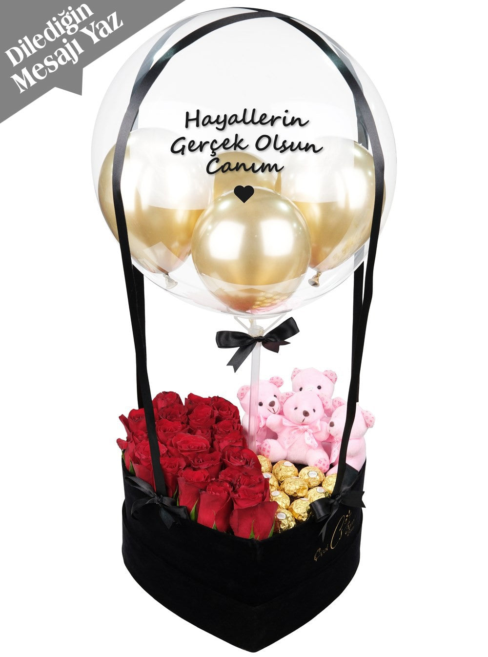 Vip Balon Kutusu Ayıcık Kırmızı Güller Çikolata Kişiye Özel
