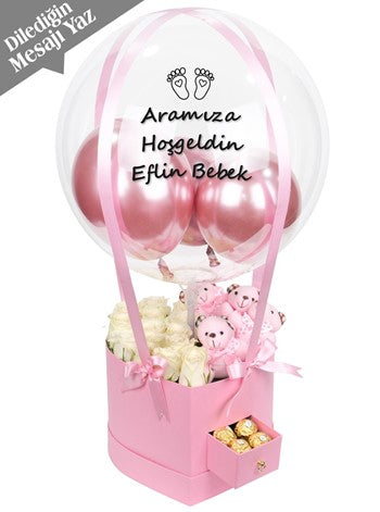 Kalp Çekmeceli Kutuda Beyaz Güller Ayıcık ve Çikolata Balon Kutusu