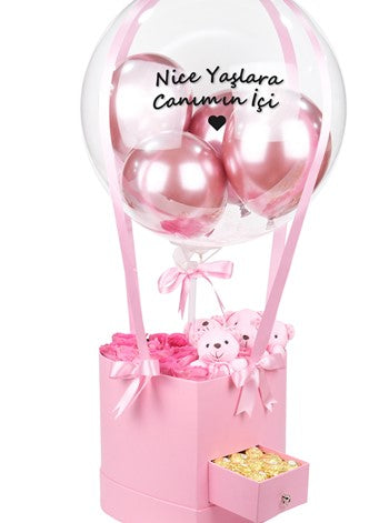 Pembe Kalp Çekmeceli Balon Kutusu