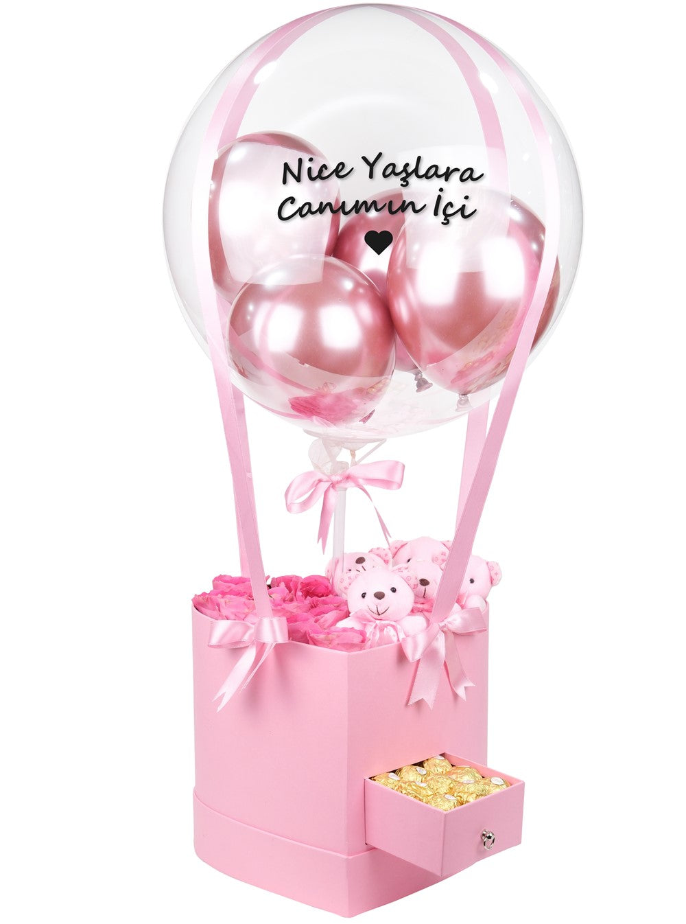 Pembe Kalp Çekmeceli Balon Kutusu
