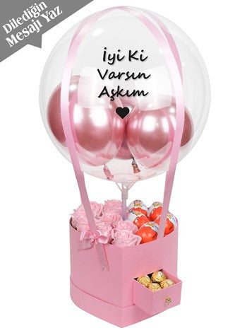 Kalp Çekmeceli Kutuda Kokulu Kalıcı Güller ve Çikolata Balon Kutusu