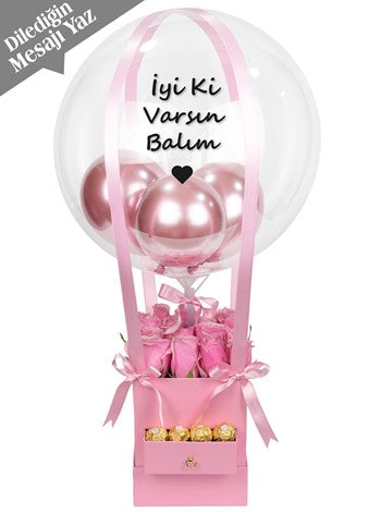 Kare Kutuda İthal Pembe Güller ve Çikolata Balon Kutusu