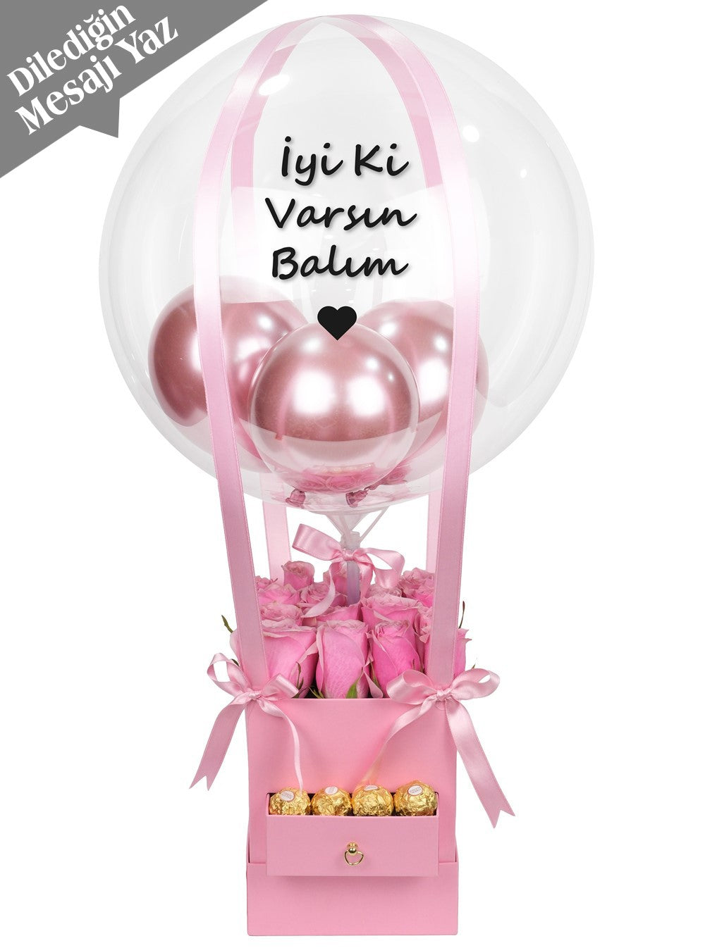 Kare Kutuda İthal Pembe Güller ve Çikolata Balon Kutusu