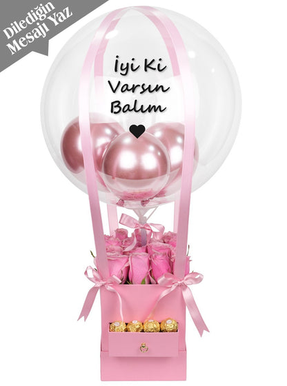 Kare Kutuda İthal Pembe Güller ve Çikolata Balon Kutusu