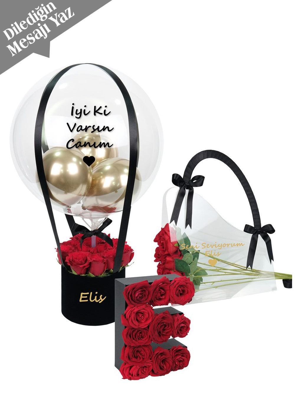 Kişiye Özel Harf Şeffaf Çanta Güller ve Balon Kutusu