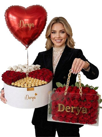 Dev Kırmızı Kutu Gül ve Zincirli Çanta Set Premium