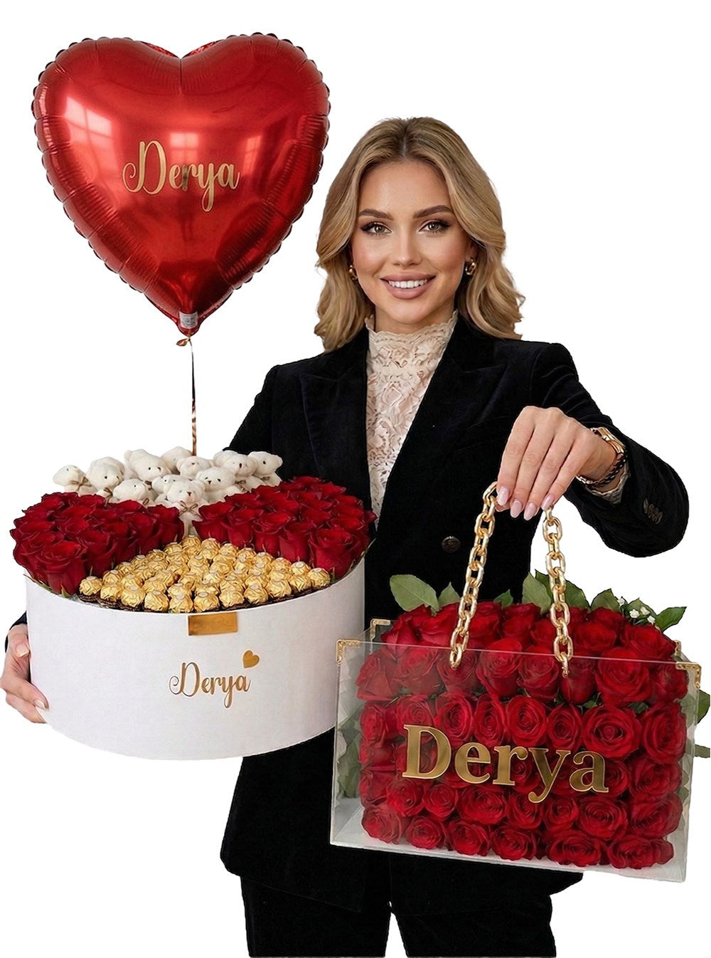 Dev Kırmızı Kutu Gül ve Zincirli Çanta Set Premium