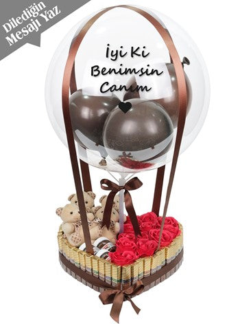 Kokulu Kalıcı Gül Ayıcık ve Çikolata Dolu Balon Kutusu