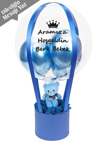 Mavi Kalıcı Güllü Ayıcıklı Balon Kutusu