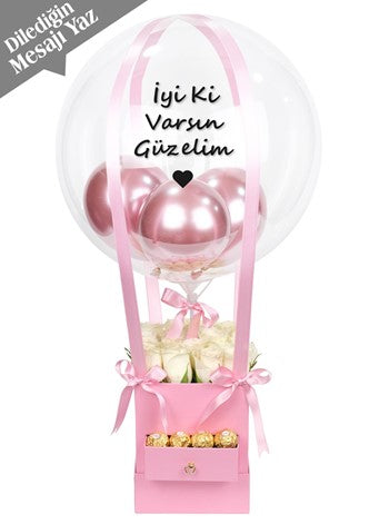 Kare Çekmeceli Kutuda Beyaz Güller ve Çikolata Balon Kutusu
