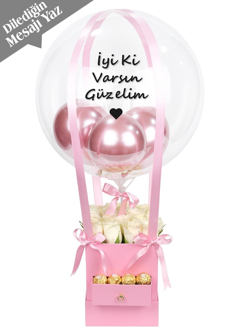 Kare Çekmeceli Kutuda Beyaz Güller ve Çikolata Balon Kutusu