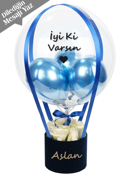 Mavi Balon Kutusu Beyaz Gül