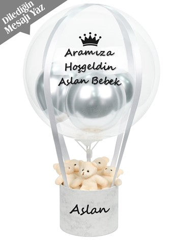 Gümüş Balon Kutusu Ayıcıklı Kişiye Özel