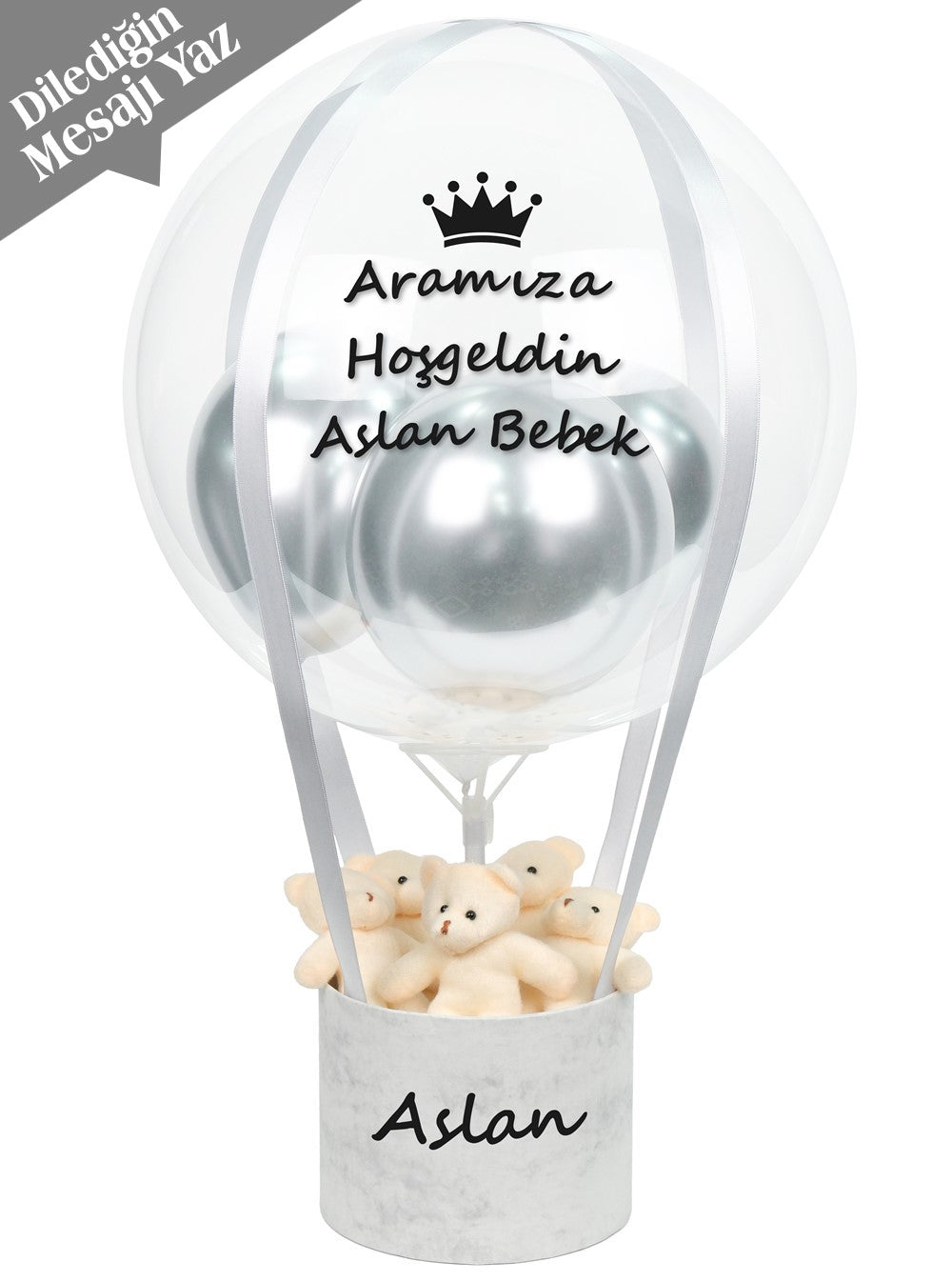 Gümüş Balon Kutusu Ayıcıklı Kişiye Özel
