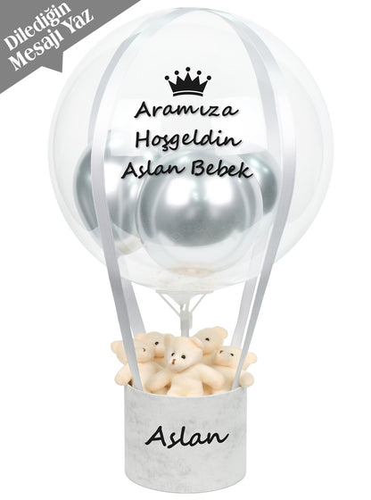 Gümüş Balon Kutusu Ayıcıklı Kişiye Özel