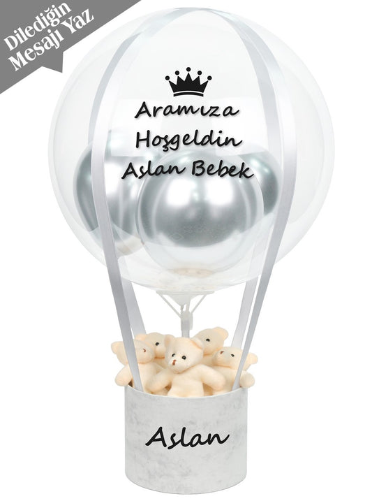 Gümüş Balon Kutusu Ayıcıklı Kişiye Özel
