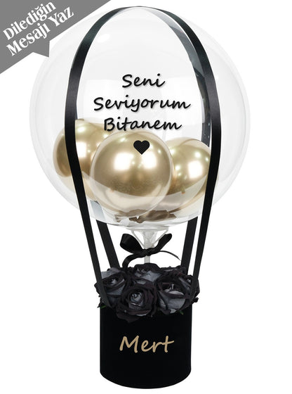 Siyah Kalıcı Gül Balon Kutusu Kişiye Özel