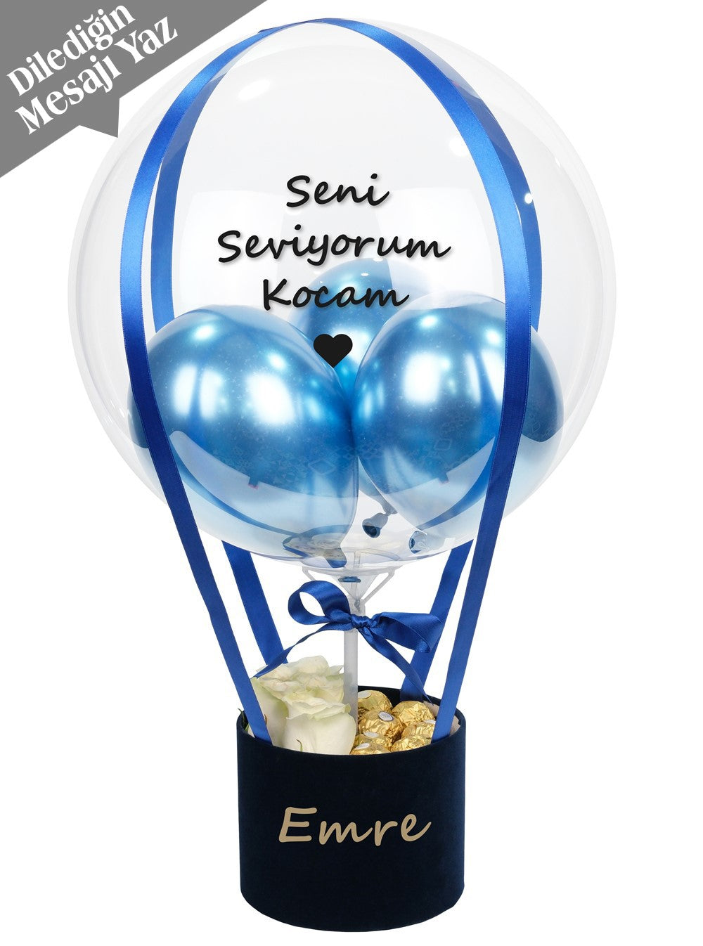 Mavi Kutu Beyaz Gül ve Çikolata Balon Kutusu